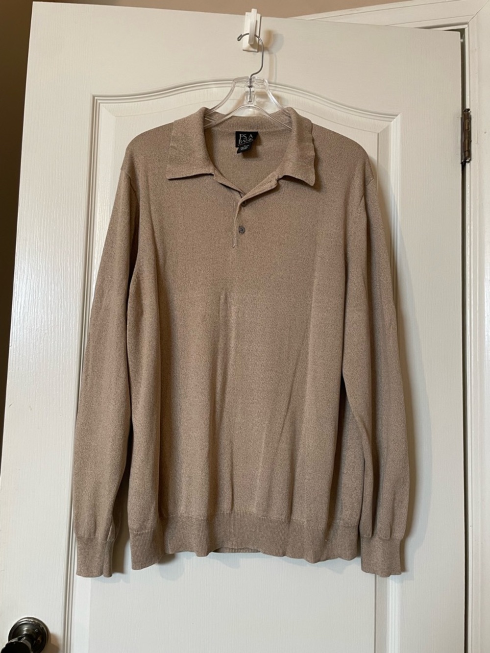 Jos A Bank Signature Collection Long Sleeve 100% Silk Polo Shirt Men's L Tan EUC